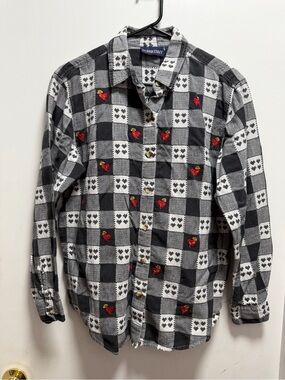 VTG Heart Rose Embroidery Checkered Plaid Pattern Shirt Cotton Cottagecore 90s M